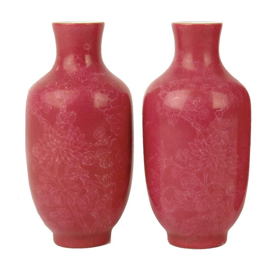 Vermilion Chinese Porcelain Vases with Flower Scraffito Decoration