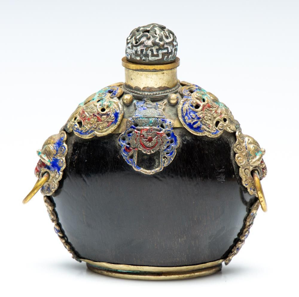 Tibetan Horn Snuff Bottle with Metal Mount and Handles Snuff Bottles