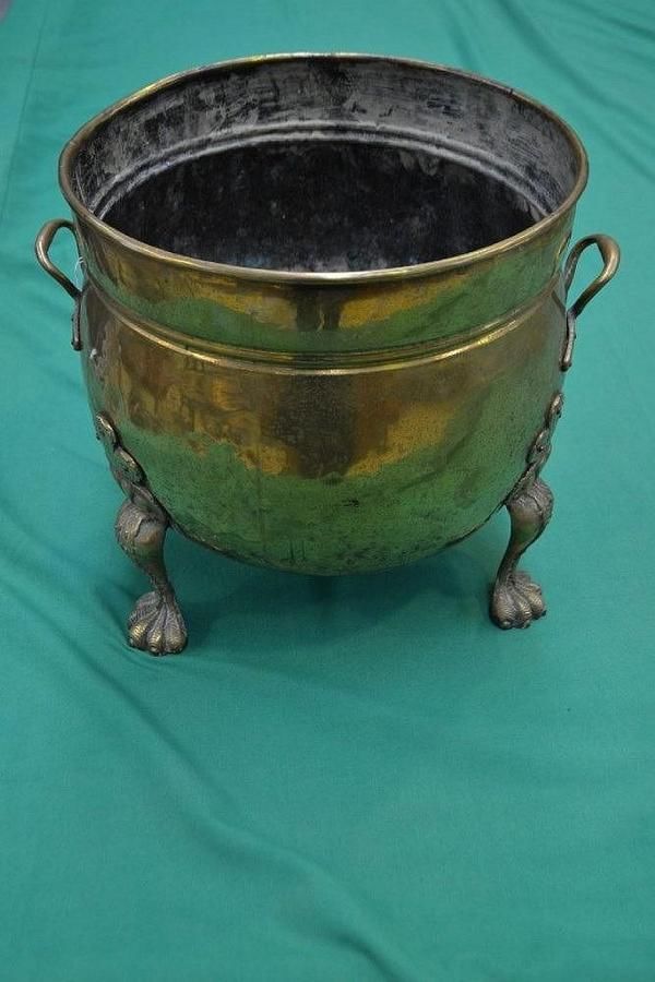 Antique Brass Tri Footed Pot 37 cm High Brass Metalware