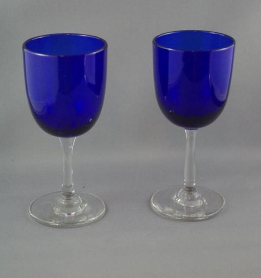 Early Bristol Blue Wine Glasses with Clear Stems British Victorian Glass