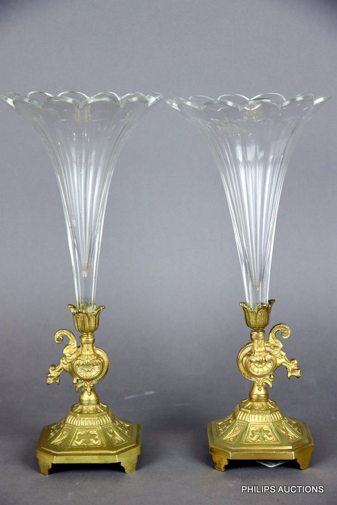 Antique Crystal Trumpet Vases with Ormolu Mounts French Glass