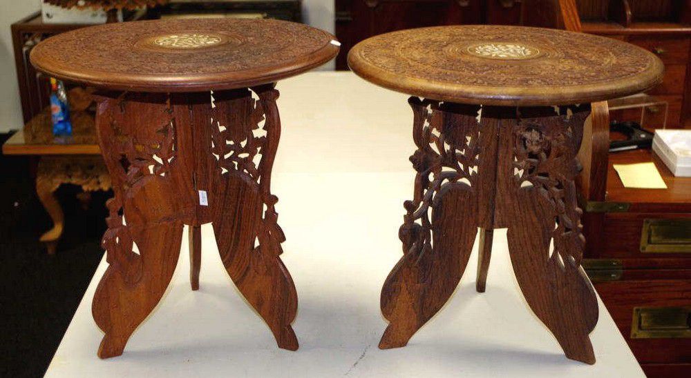 Indian Carved Tripod Table Pair Tables Wine and Occasional Furniture