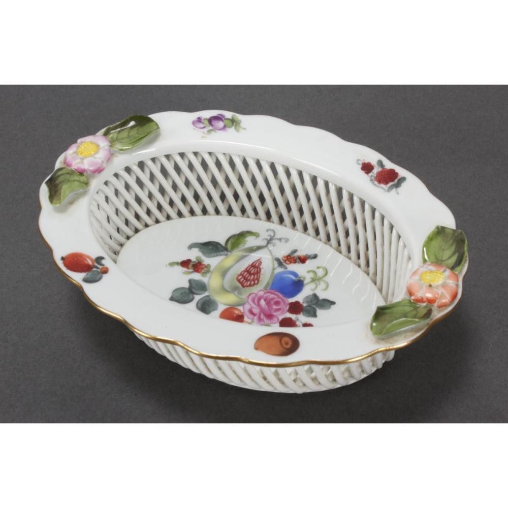 Herend Porcelain Oval Basket with Fruit and Flowers Zother 20th