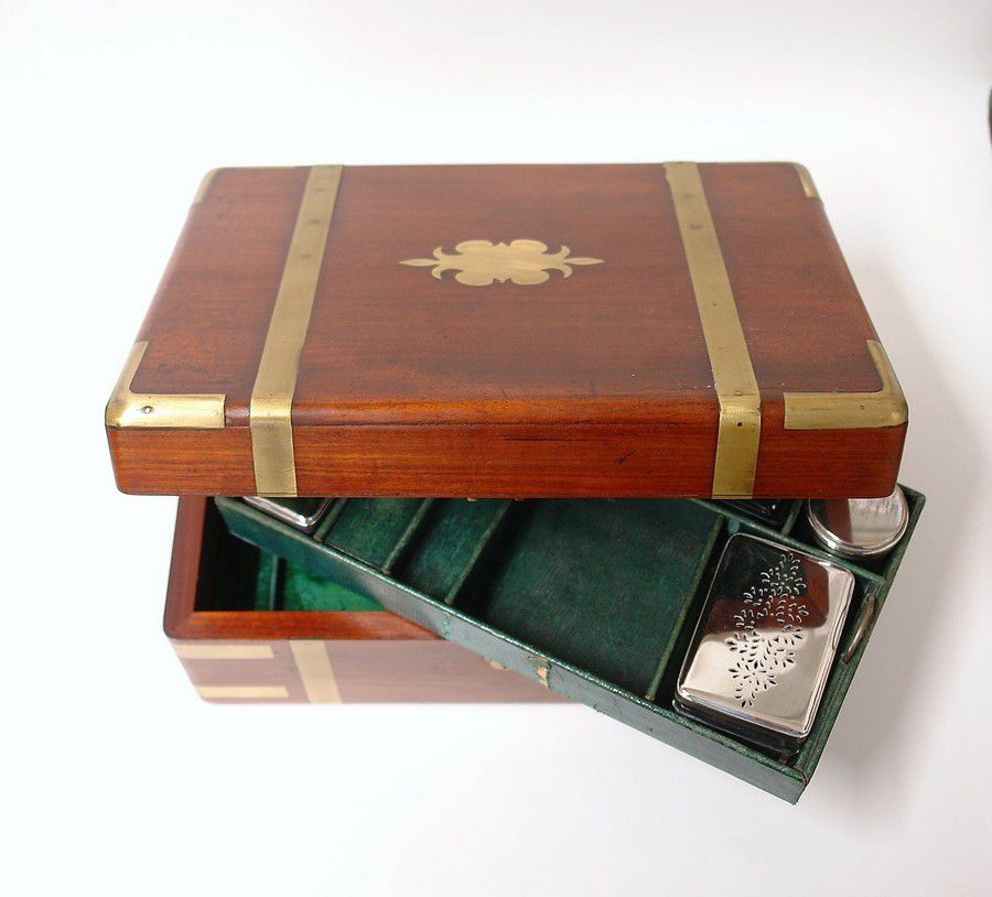 Victorian BrassBound Mahogany Travel Vanity Box Boxes Writing