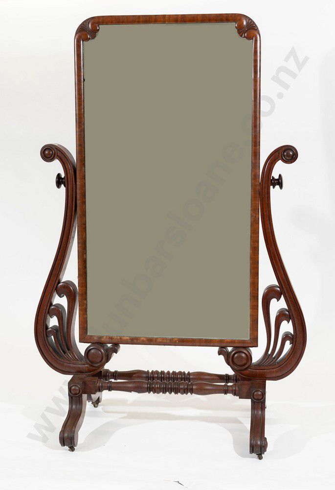 Mahogany Cheval Mirror with Scrolling Lyre Supports Mirrors Cheval
