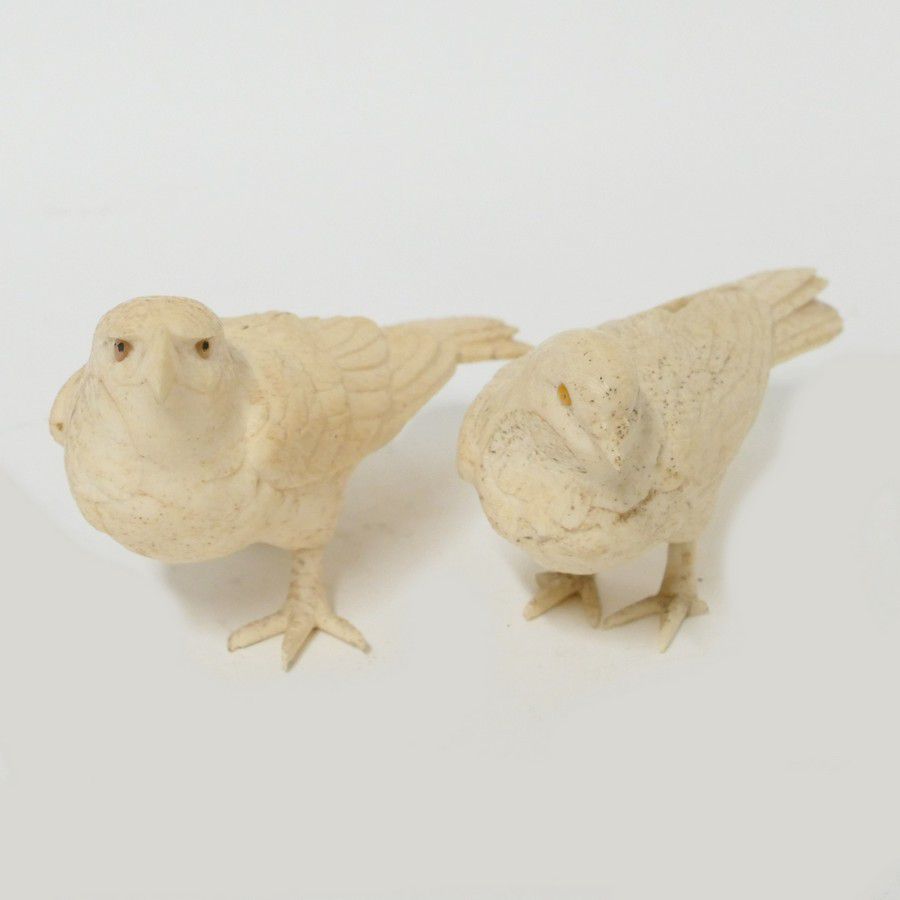 Japanese Ivory Bird Carvings with Inlaid Eyes Ivory Oriental