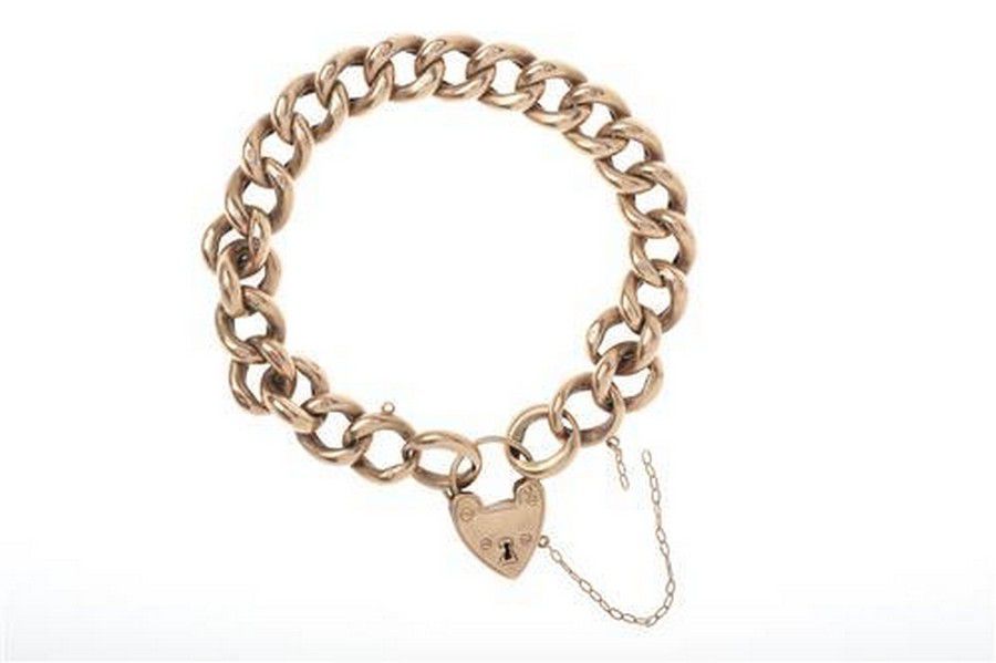 An antique 9ct gold padlock bracelet, hollow links with heart