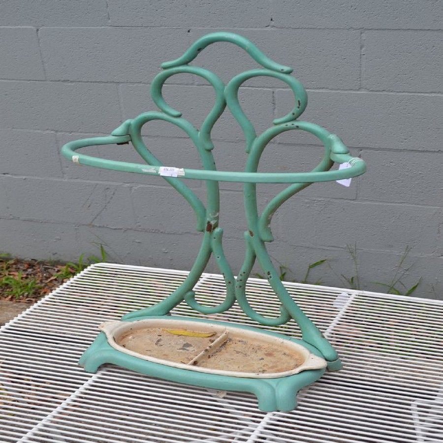 Antique French pale green enamel iron umbrella stand, foundary… Hall