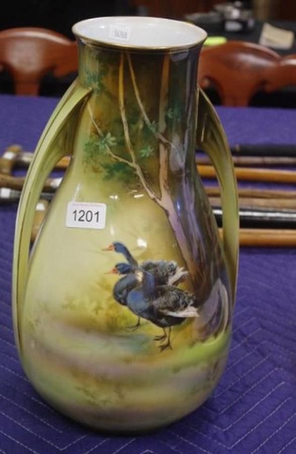 R.S. Prussian Vase with Black Swans & Ostriches Zother 19th Century European Ceramics