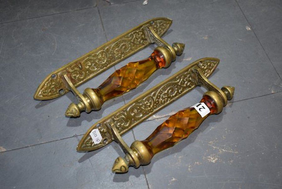 Brass and Amber Glass Door Handles Structural Door Furniture