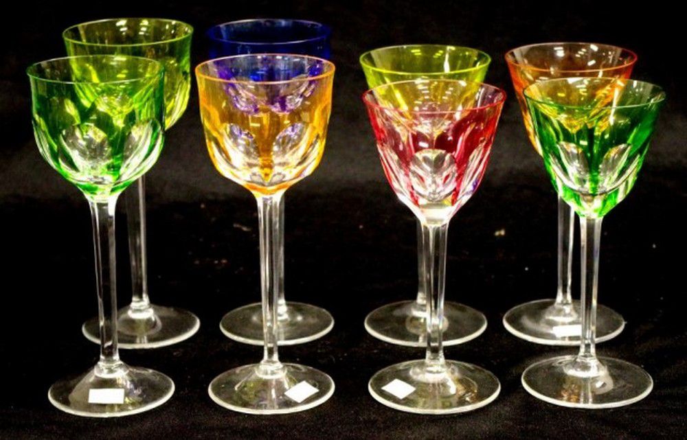 Set of 8 Moser Crystal Wine Glasses with Coloured Bases European Glass