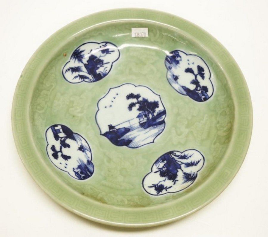 Korean Celadon Plate with Blue & White Scenic Panels Ceramics