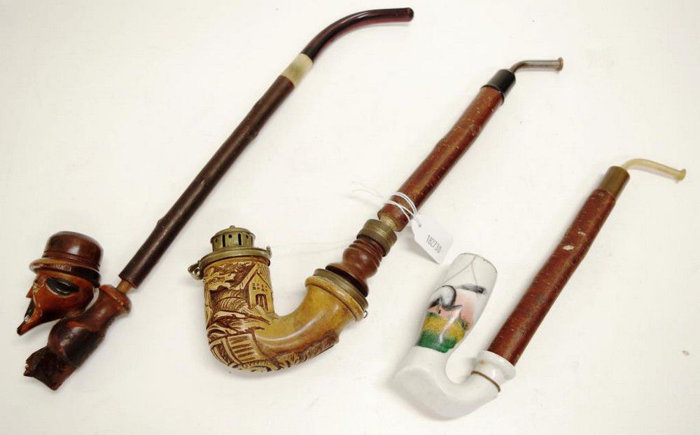 German Tobacco Pipes with Carved Wood and Ceramic Bowls Smoking