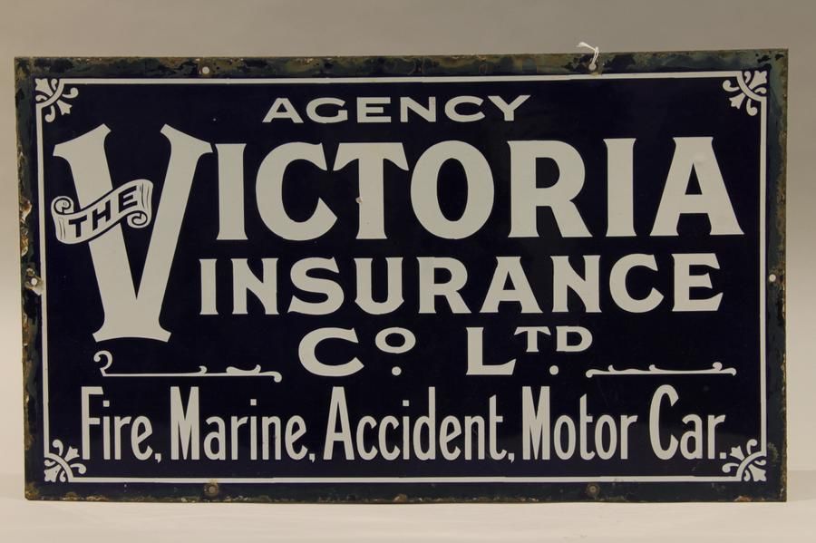An antique enamel Victoria Insurance Co. sign wear to the… Signage