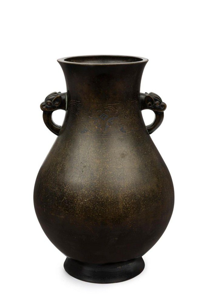 Archaistic Bronze Vase with Silver Inlay and Animal Handles Bronze Oriental