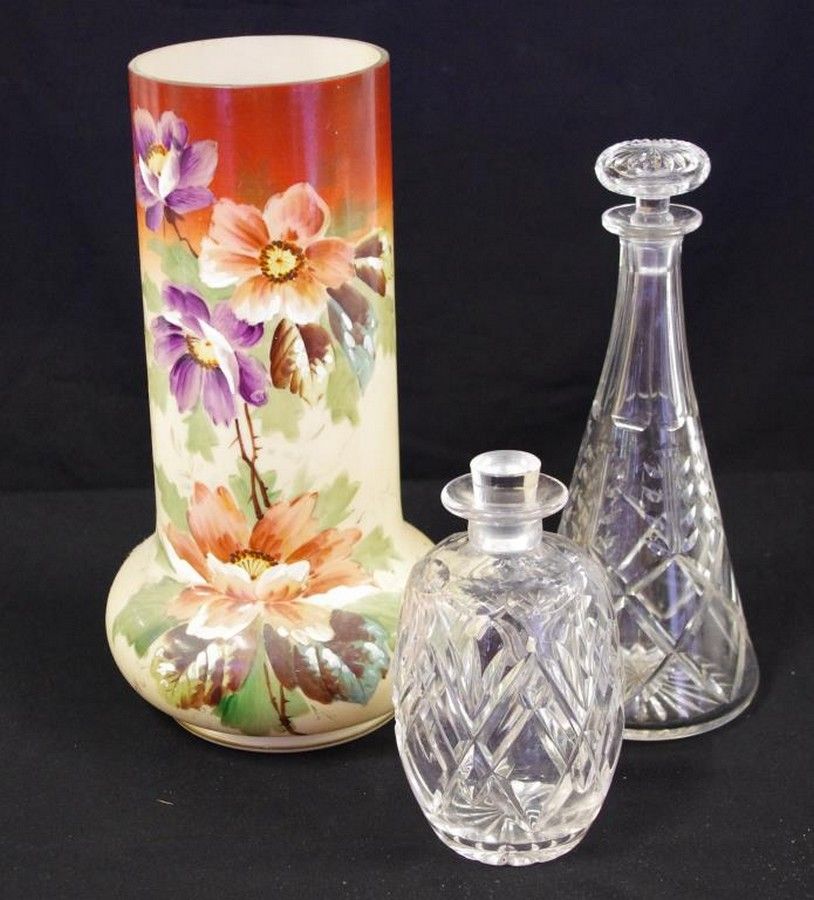 Victorian Milk Glass Vase with Decanters and Labels British