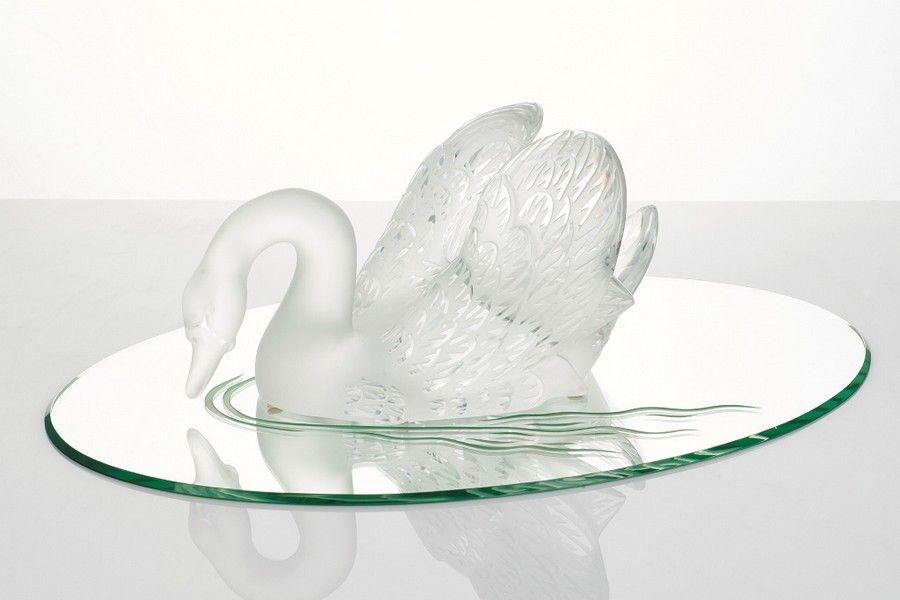 Lalique Swan Sculpture on Mirror Base French Glass