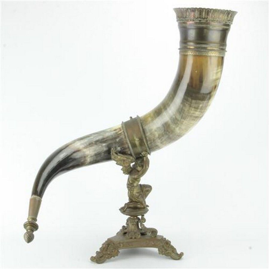 Cherubmounted Drinking Horn with Brass Fittings Horn Items, Animal