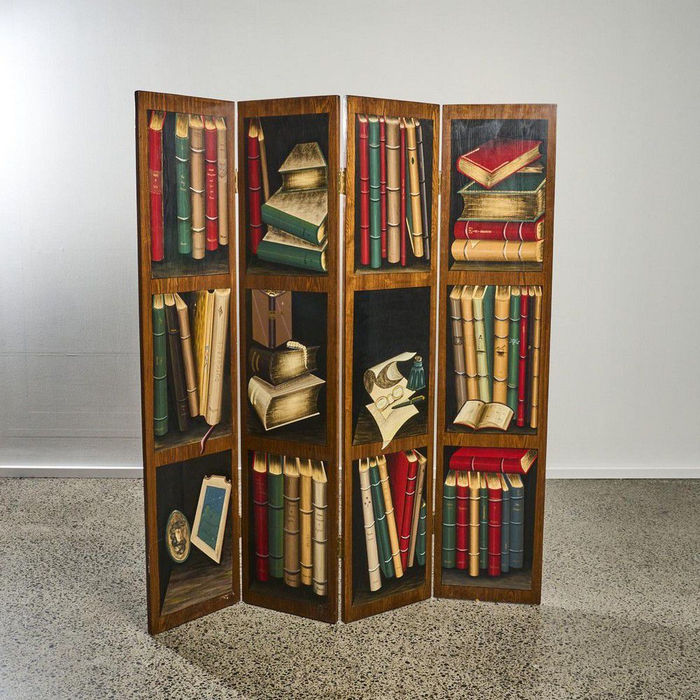 Handpainted Oak Wood Folding Screen with Bookshelves New Zealand