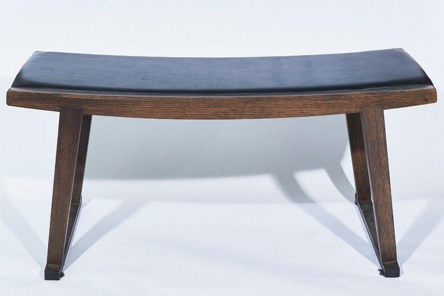 Bench, wood frame with black leather seat, height 46 cm
