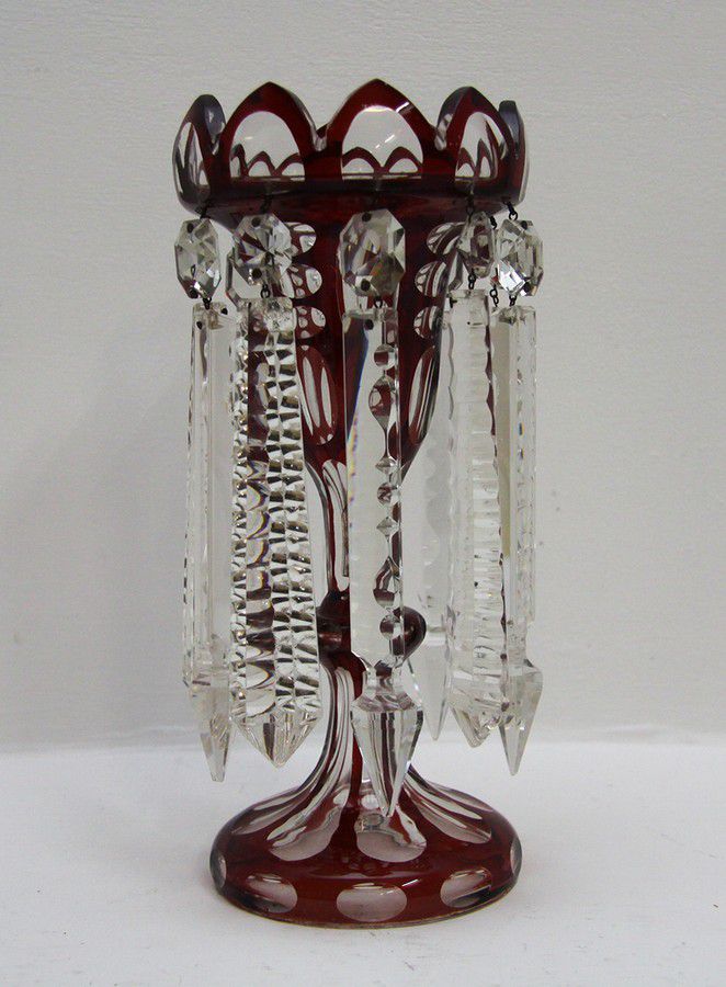 Victorian Ruby Glass Lustre with Crystal Prisms British Victorian Glass