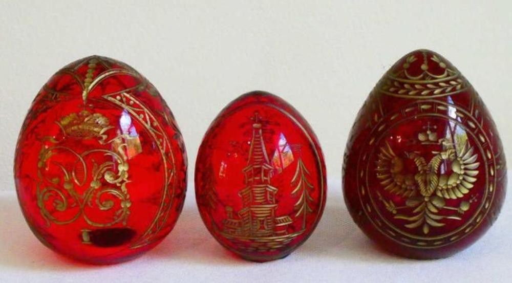 Faberge Red Glass Eggs with Romanov Crest Russian works of art