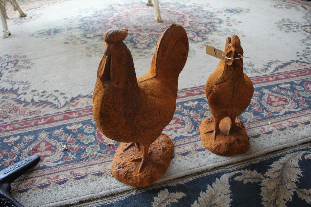 Cast Iron Hen and Rooster Figures 45 & 40cm Decorative Garden