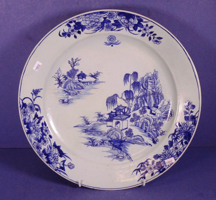 Restored Antique Chinese Blue & White Serving Plate (38cm) Ceramics