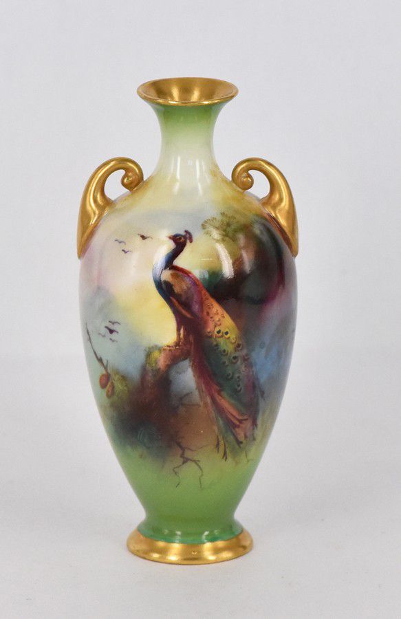 Royal Worcester Peacock Miniature Vase by E. J. Bray Royal Worcester