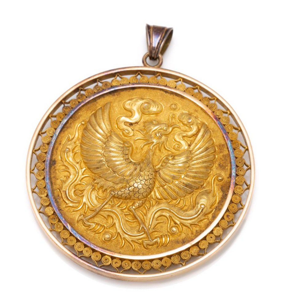 Chinese 20ct Gold Phoenix and Dragon Pendant Zother Oriental