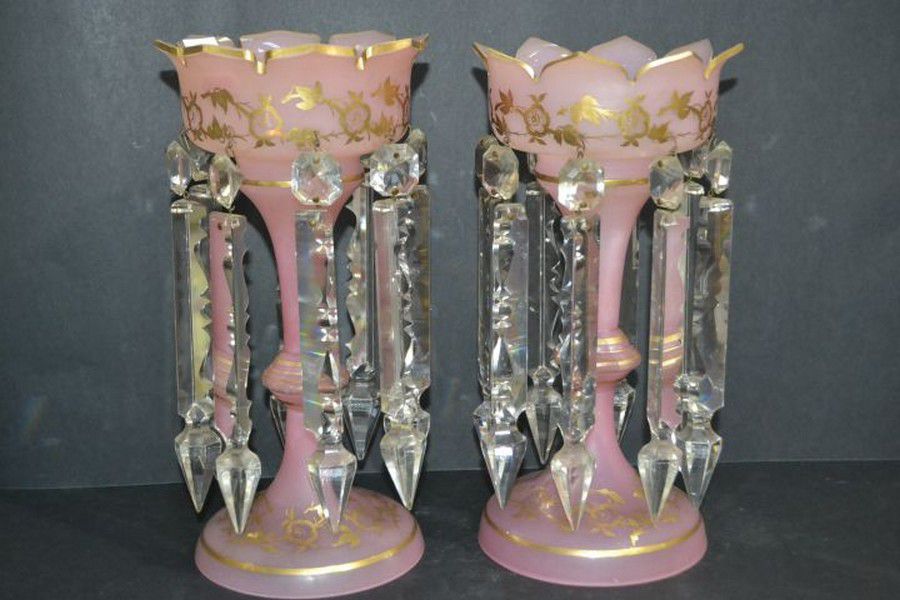 Victorian Lustre Vases with Crystal Droplets British Victorian Glass