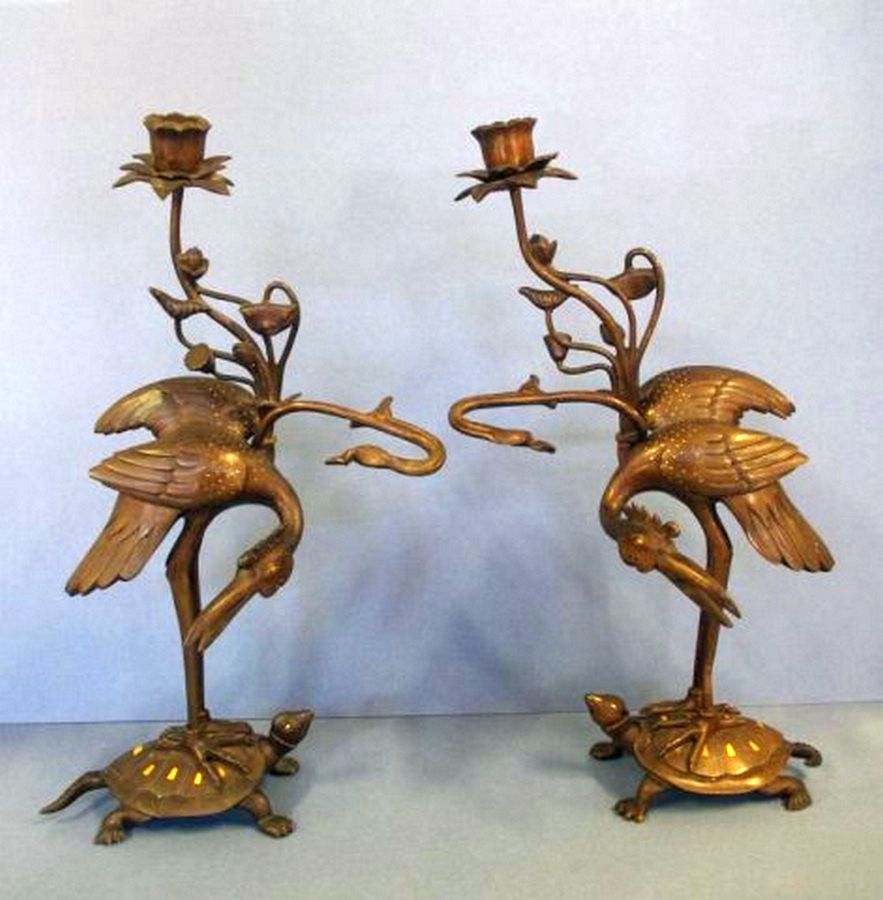 Antique Japanese Bronze Candlesticks with Cranes and Lotus Flowers