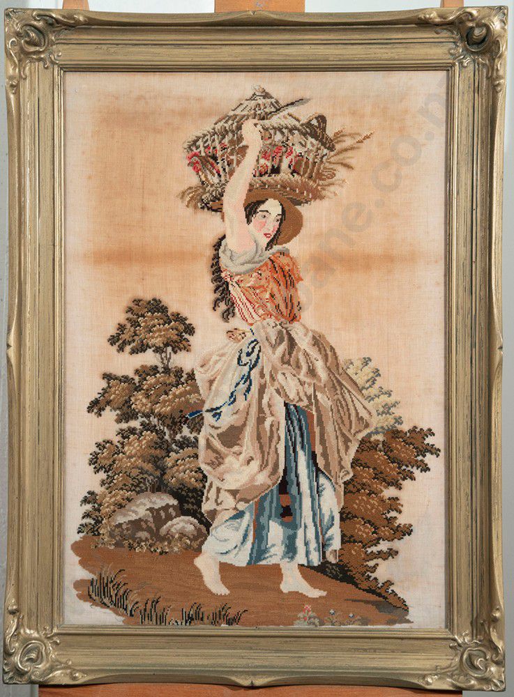 19th Century German Gross Point Tapestry in Giltwood Frame Tapestries