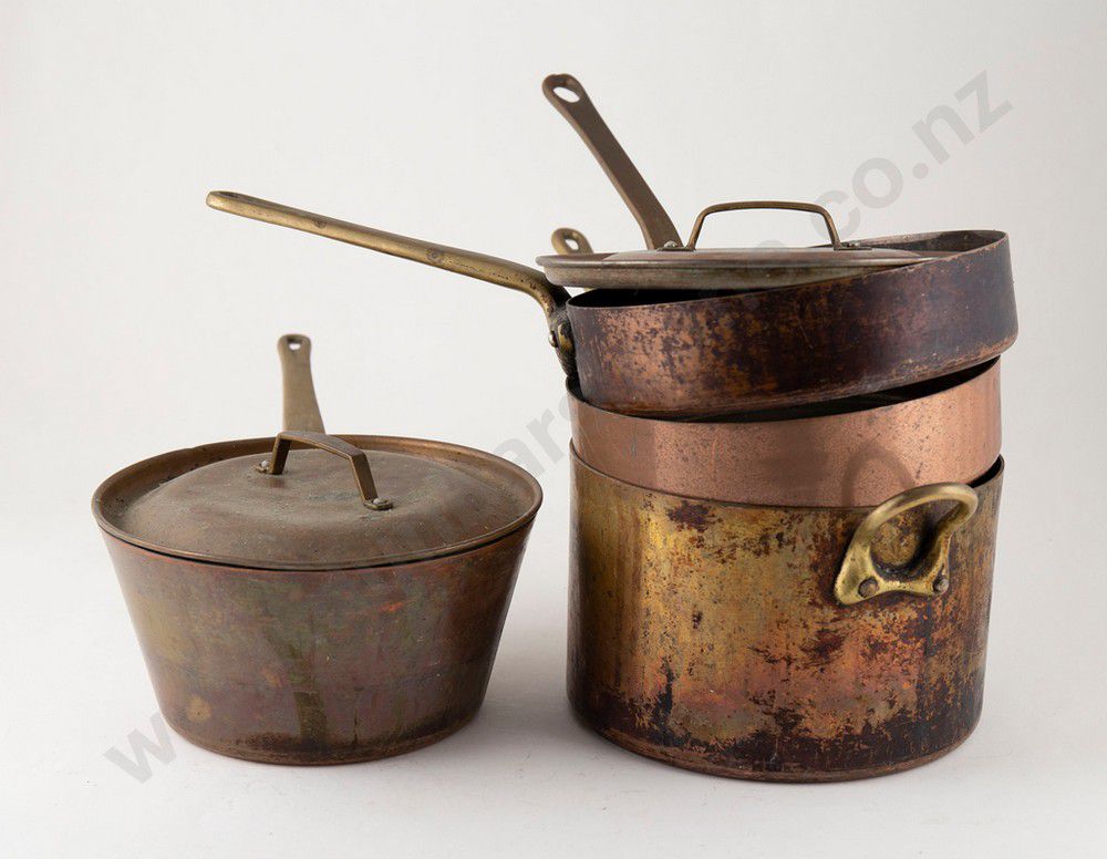 Vintage Copper Cooking Pans with Brass Handles and Lids Copper