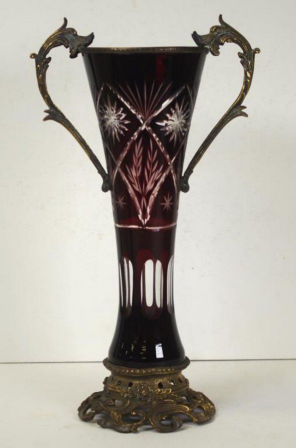Art Nouveau Cranberry Glass Vase with Ormolu Accents European Glass