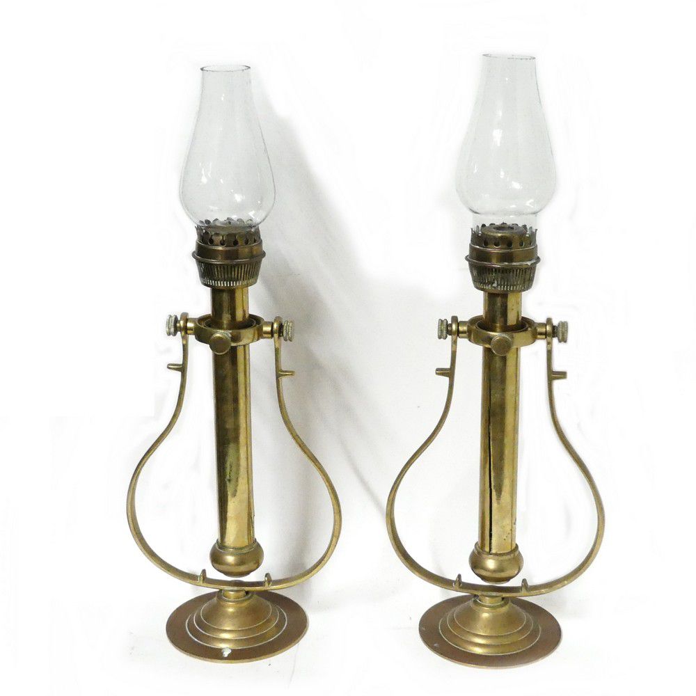 Brass gimbaled candle lamps with glass chimneys Nautical Equipment Office, & Farm