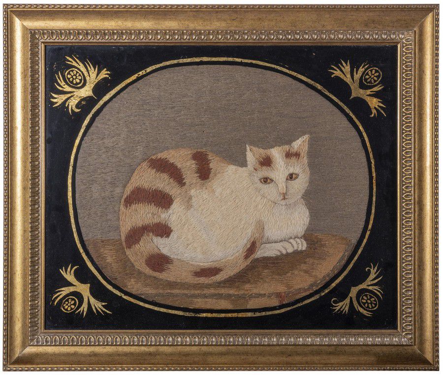 Silk Needlework of Seated Cat, 1800 Embroidery & Needlework