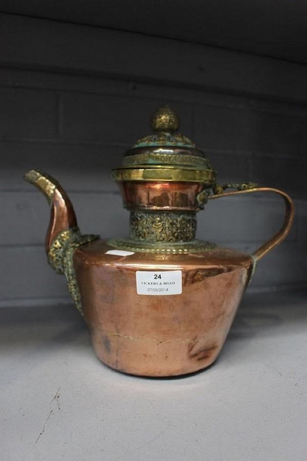Antique Khyber Pass Coffee Pot, Copper & Brass, 28cm Copper Metalware