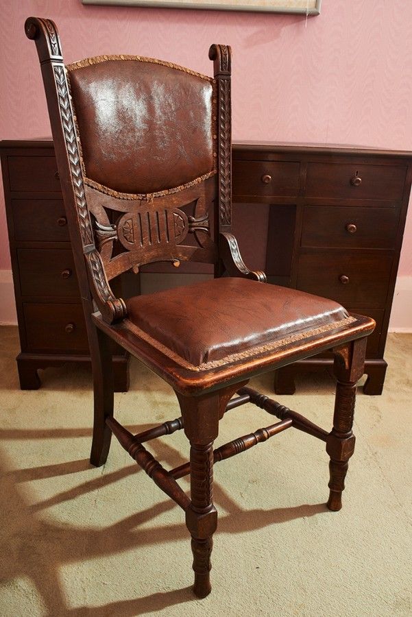 Antique Chair With Leather Seat Victorian mahogany side chair, with brown leatherette seat,&hellip; Seating