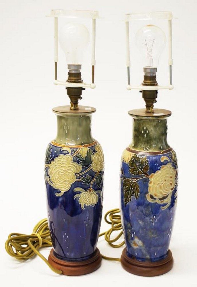 Vintage Royal Doulton Floral Electric Lamps on Wood Bases Royal Doulton Ceramics