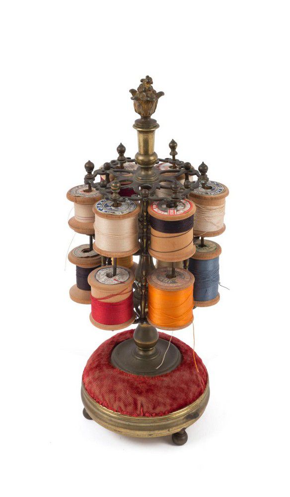 Antique French Bronze Cotton Reel Holder with Pin Cushion Base Sewing