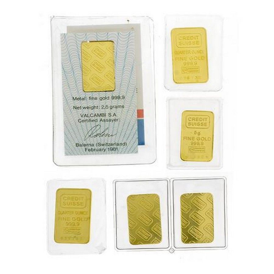 Seven Credit Suissee 999.9 fine gold Ingots, 3 x 5g, 2 x 2.5g,… Gold