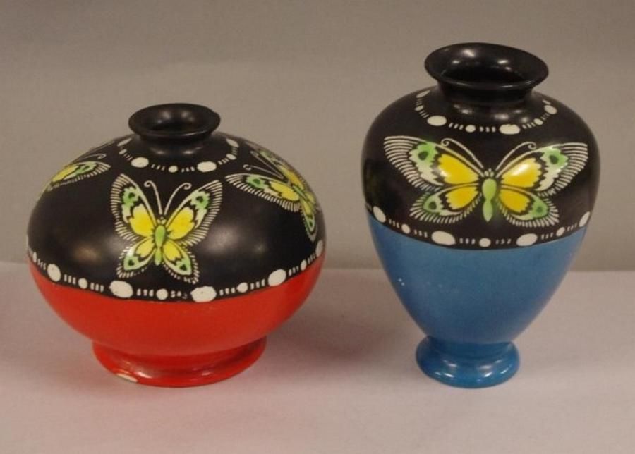 Butterfly Art Deco Shelley Vases with Rim Chip Shelley Ceramics