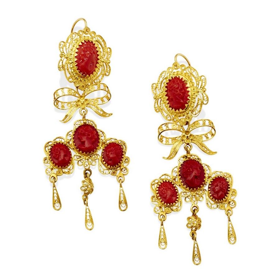 Spanish Gold and Coral Filigree Earrings Earrings Jewellery