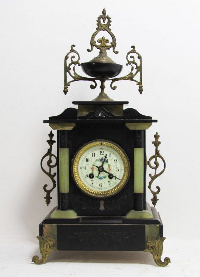 Black Marble Salon Clock with Urn (No Pendulum or Key) Clocks