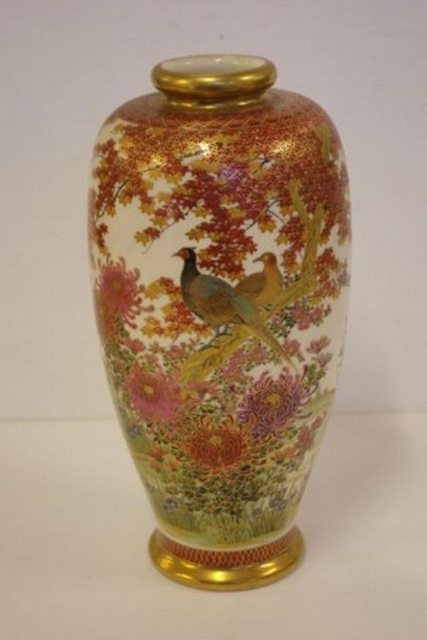 Japanese Satsuma Vase with Bird and Tree Design Ceramics Japanese
