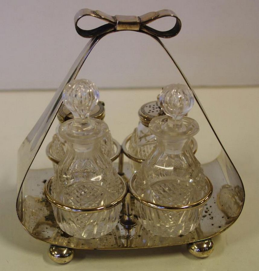 Silver Plated Bow Basket with Crystal Cruet Set Condiment & Cruet