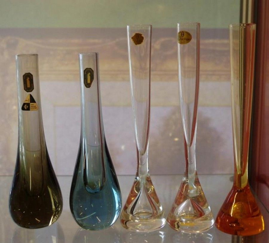 Set of Five Whitefriars Glass Bud Vases with Labels British 20th