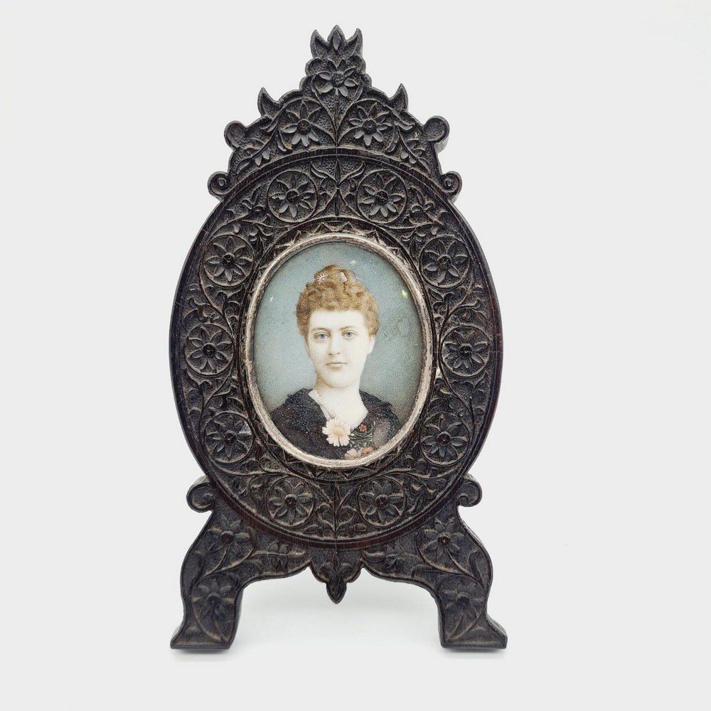 19th Century HandPainted Ivory Lady in Ebony Frame Miniatures