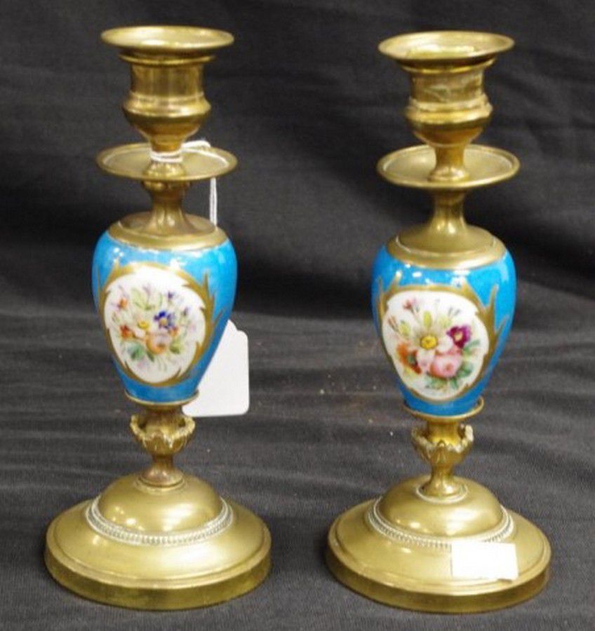 Brass and Ceramic Candlesticks with Sconce and Columns Candelabra